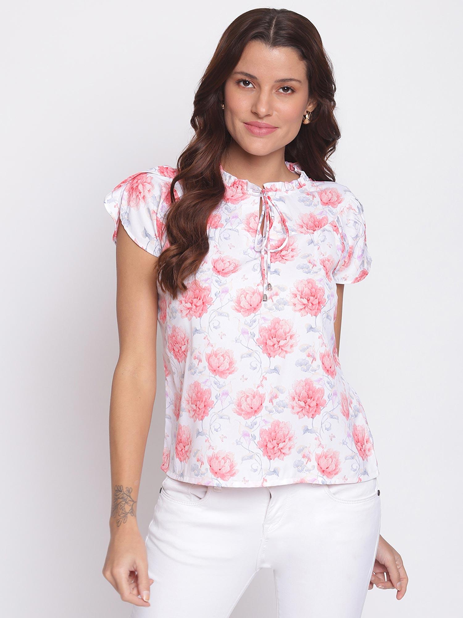 floral print half sleeve casual regular top white