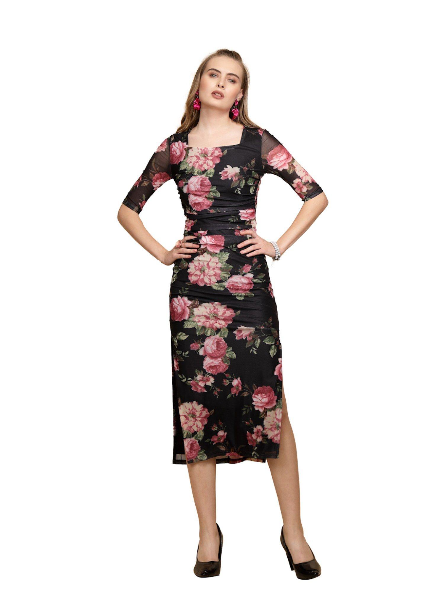 floral print half sleeve midi dress for women