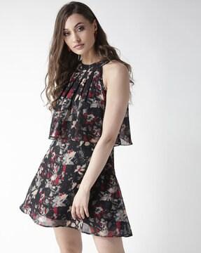 floral print halter neck a-line dress