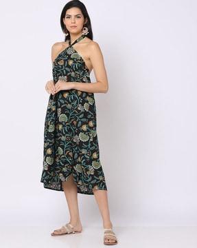 floral print halter-neck a-line dress