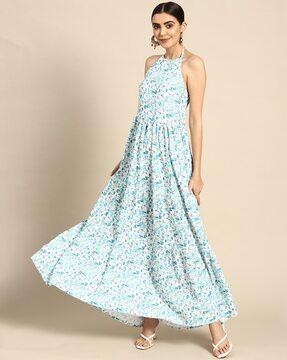 floral print halter-neck fit & flare dress