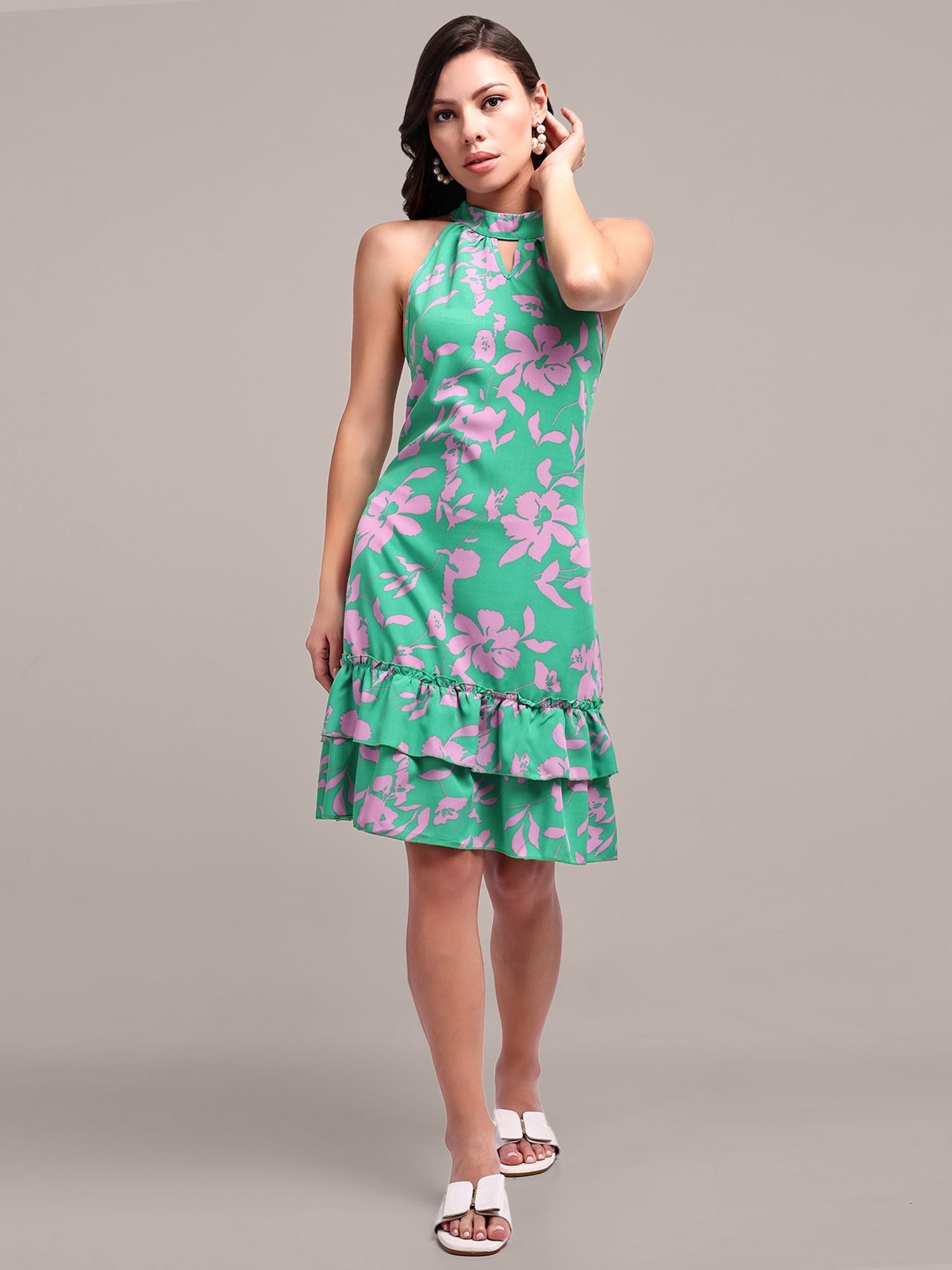 floral print halter neck sleeveless knee length dress