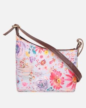 floral print handbag with adjustable shoulder strap