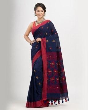 floral print handloom saree with tassels border