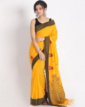 floral print handloom saree with tassels