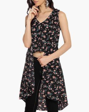 floral print high-low tunic with front slit