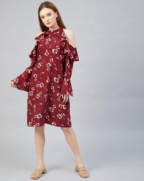 floral print high-neck a-line dress