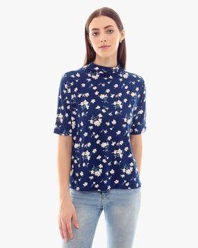 floral print high-neck cotton t-shirt