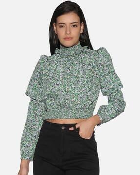 floral print high-neck crop top