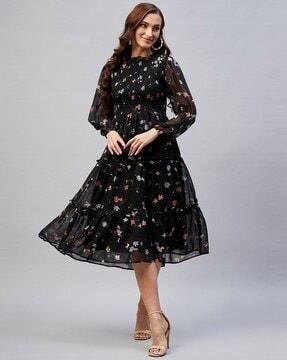 floral print high-neck fit and flare dress