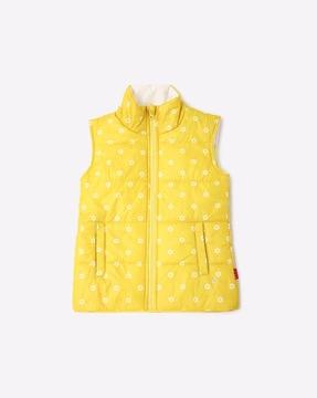 floral print high-neck puffer gillet with insert pockets
