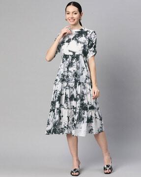 floral print high-neck tiered dress