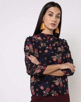 floral print high-neck top with camisole