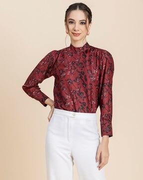 floral print high-neck top with cuffed sleeves