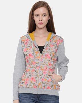 floral print hoodie with drawstring