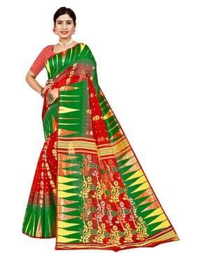 floral print jamdani saree with contrast border