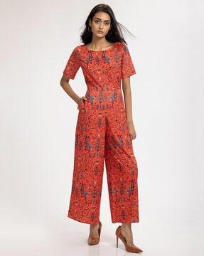 floral print jumpsuit with boat-neck & pocket