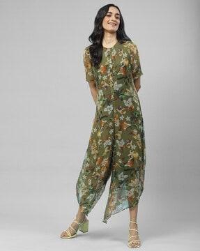 floral print jumpsuit with puff sleeves