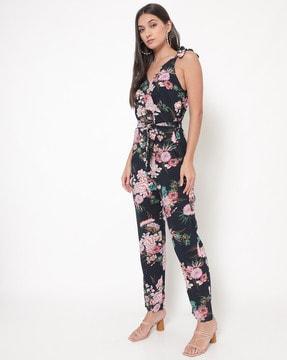 floral print jumpsuit with tie-up