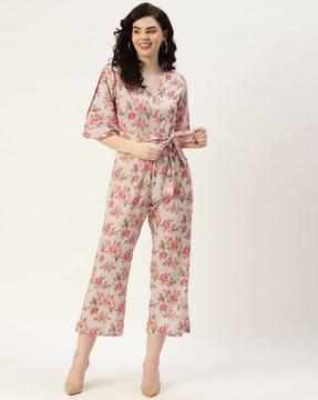 floral print jumpsuit with tie-up