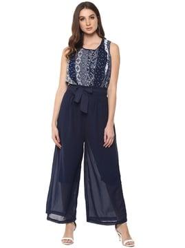 floral print jumpsuit with waist fabric belt