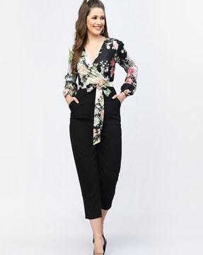 floral print jumpsuit with waist tie-up detail