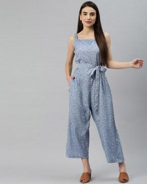 floral print jumpsuit with waist tie-up