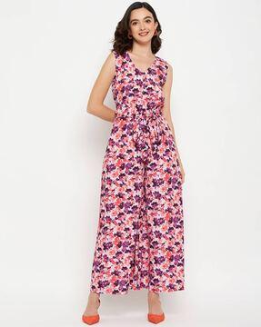 floral print jumpsuit with waist tie-up