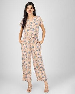 floral print jumpsuit with waist tie-up