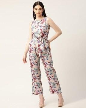 floral print jumpsuit with waist tie-up