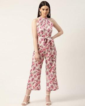 floral print jumpsuit with waist tie-up