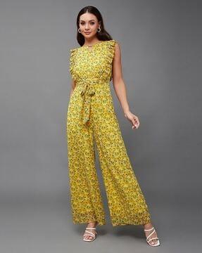 floral print jumpsuit with waist tie-up