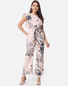 floral print jumpsuit with waist tie-up