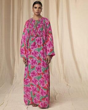 floral print kaftan empire dress with tassels