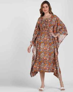 floral print kaftan kurta with neck tie-up