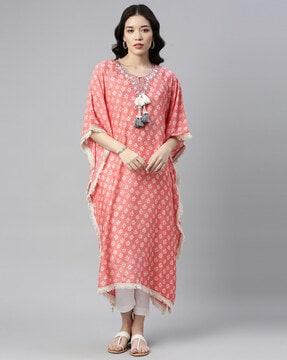 floral print kaftan straight kurta with tassel tie-up