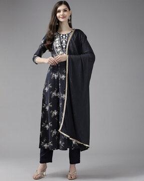 floral print kalidar kurta with pants & dupatta