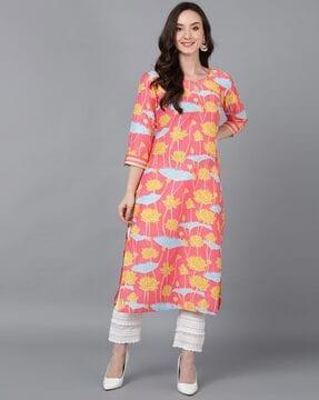 floral print keyhole-neck straight kurta