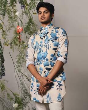 floral print kurta pyjama set with nehru jacket