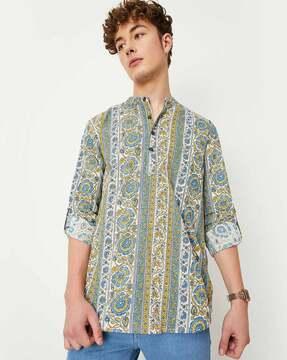 floral print kurta with band collar