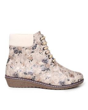 floral print lace-up ankle boots