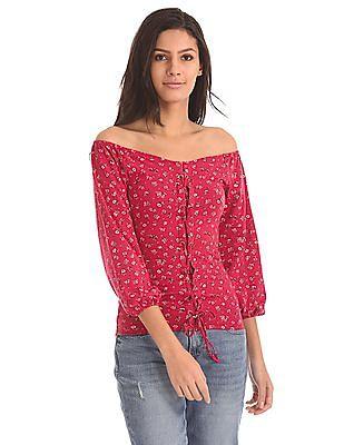 floral print lace up front top