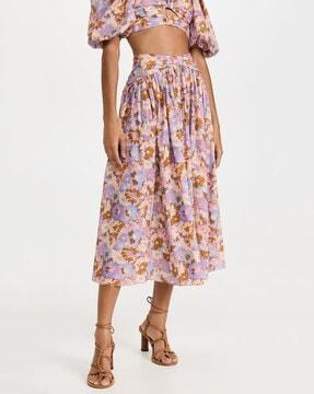 floral print linen flared skirt with insert pockets