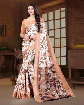 floral print linen saree with contrast border