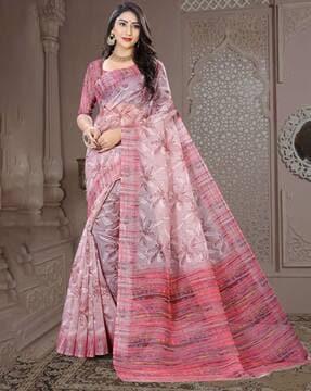 floral print linen saree with contrast border