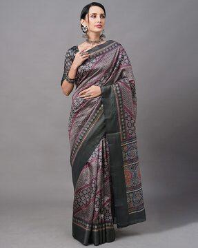 floral print linen saree with thick border