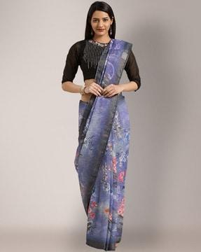 floral print linen saree