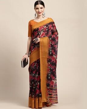 floral print linen saree