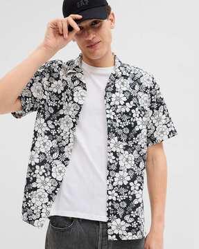 floral print linen shirt with lapel collar