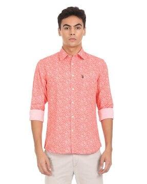 floral print linen shirt with patch pocket